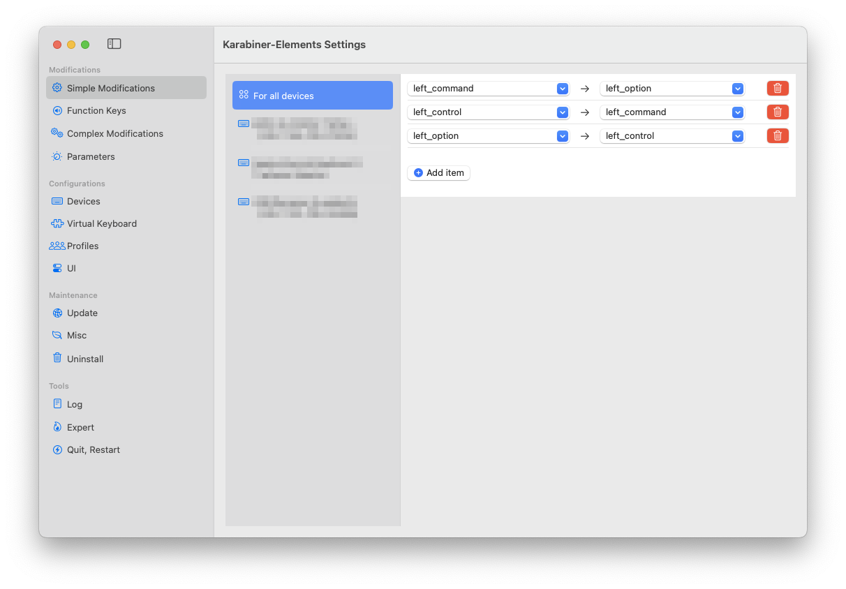 Screenshot of the “Simple Modifications” tab in Karabiner-Elements Settings