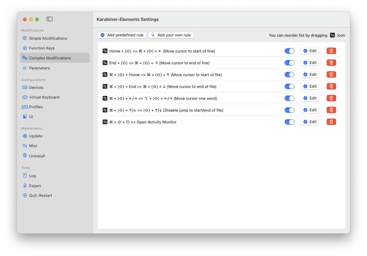 Screenshot of the “Complex Modifications” tab in Karabiner-Elements Settings
