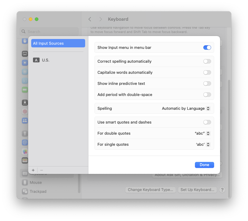 Screenshot of macOS keyboard input settings