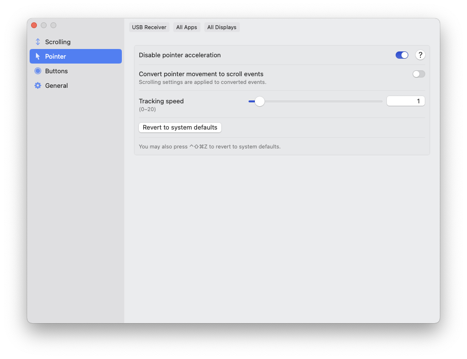 Screenshot of Linear Mouse settings