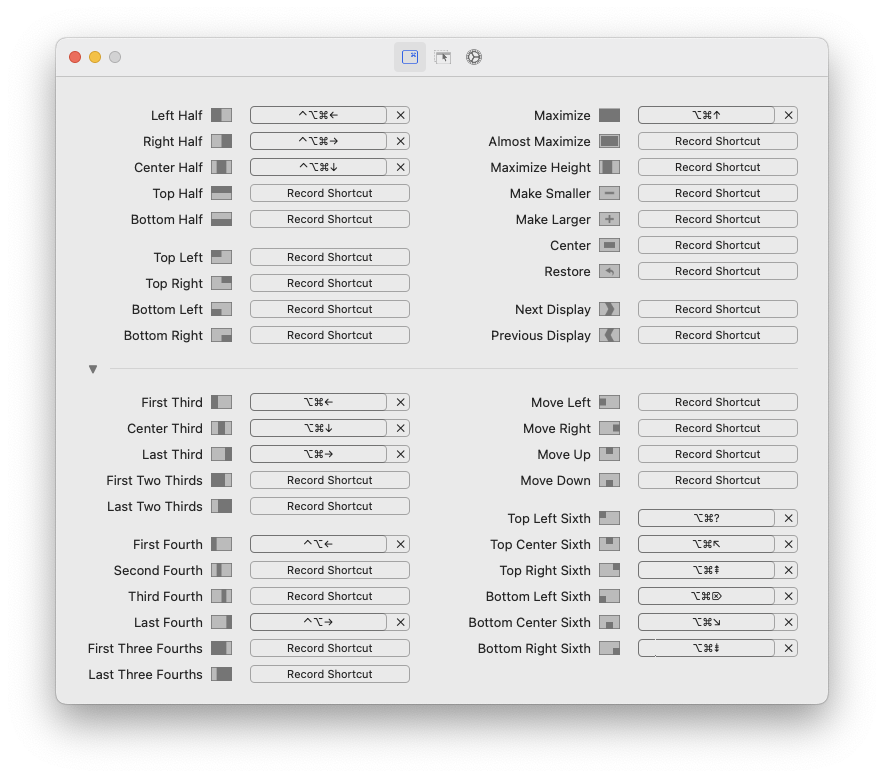 Screenshot of shortcuts in Rectangle settings