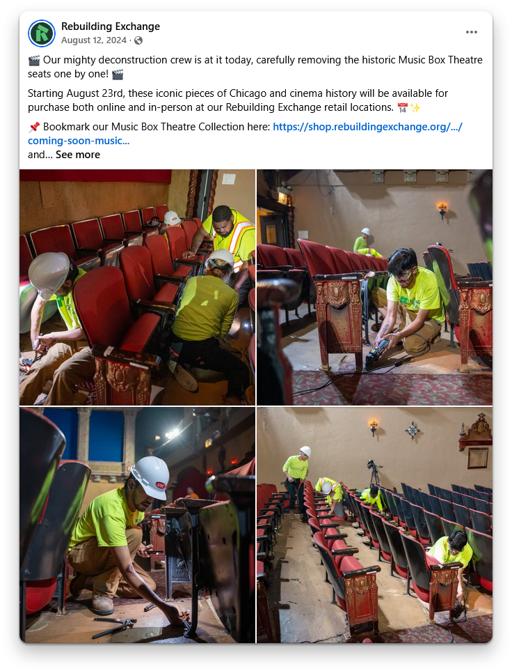 Facebook post with photos of crew removing the seats