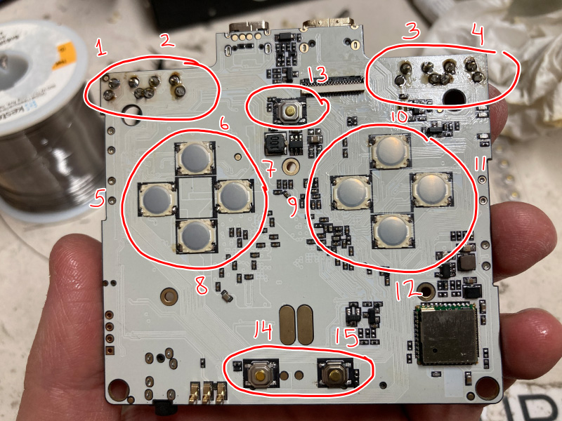 Photo of modded RG35XXSP with replaced switches labeled