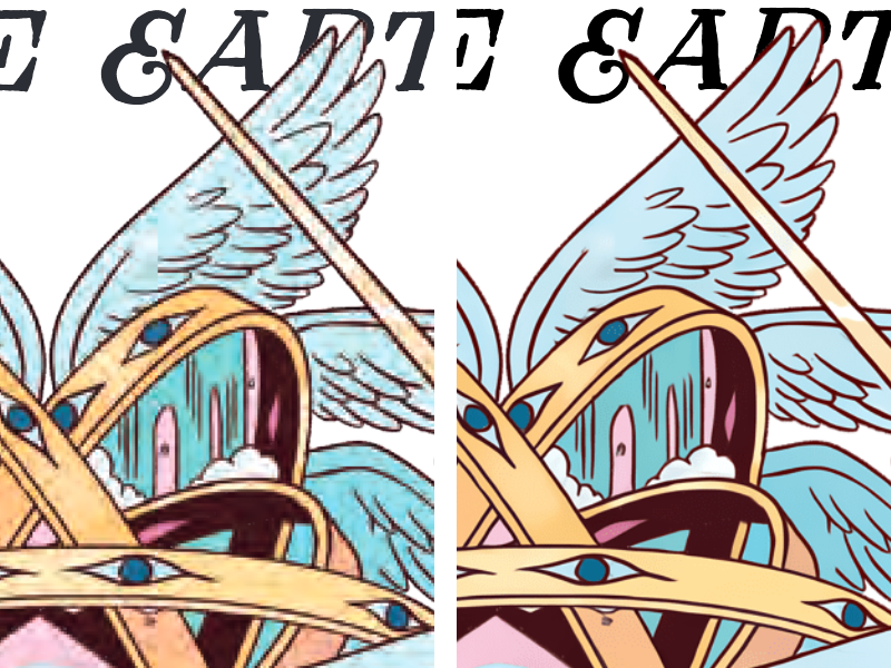 Crop of before/after upscaling in color