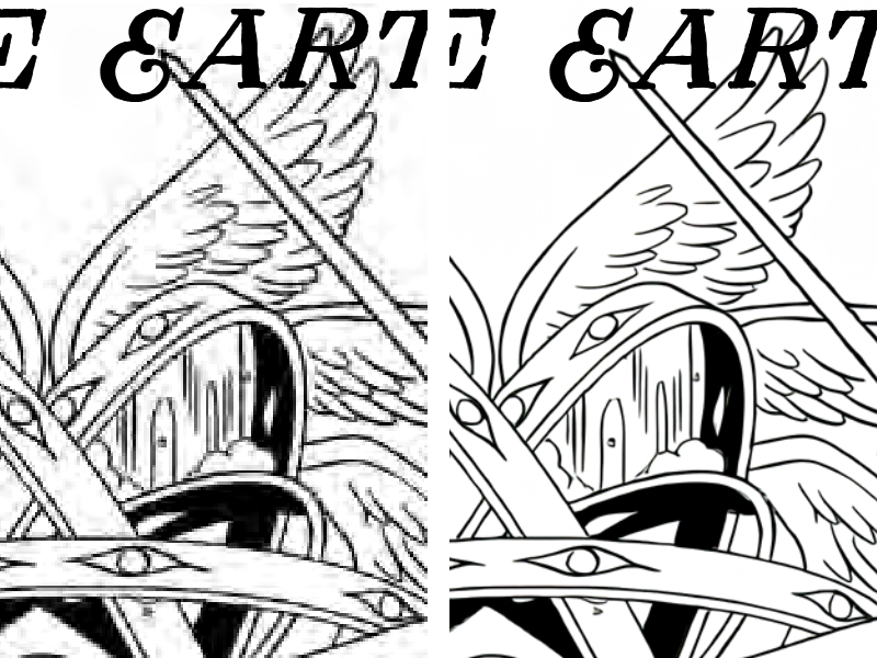 Crop of before/after upscaling in grayscale