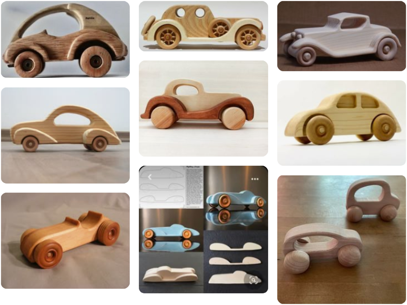 Screenshot of Pinterest board showing various wooden car toys